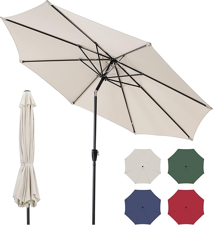 NUU GARDEN 7.5 FT Round Patio Umbrella, Outdoor Table Umbrella with Vent, 8 Sturdy Iron Ribs and Aluminum Pole, Market Umbrella with Push Button Tilt and Crank for Backyard, Poolside, Yard, Beige