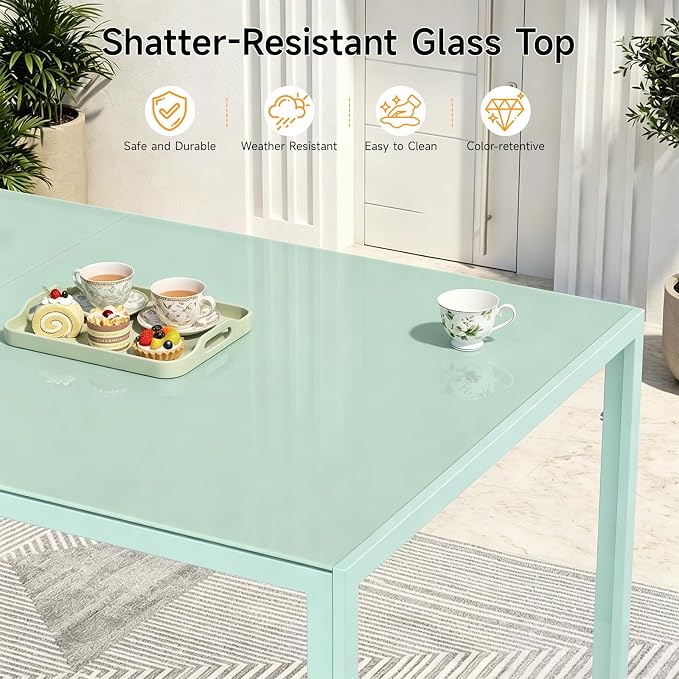 ONBRILL 7 Piece Patio Dining Set for 6, Modern Rectangular Glass Top Steel Table with 6 Breathable Textilene Chairs, Easy Assembly All-Weather Design for Lawn, Backyard, Poolside & Gatherings, Aqua