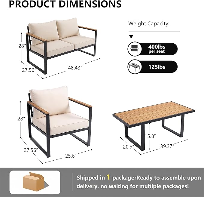 Modern Patio Furniture Set, 4 Pieces Outdoor Conversation Set with Coffee Table, Metal Patio Furniture with 4" Washable Foam Cushions, Ships in 1 Box, Beige