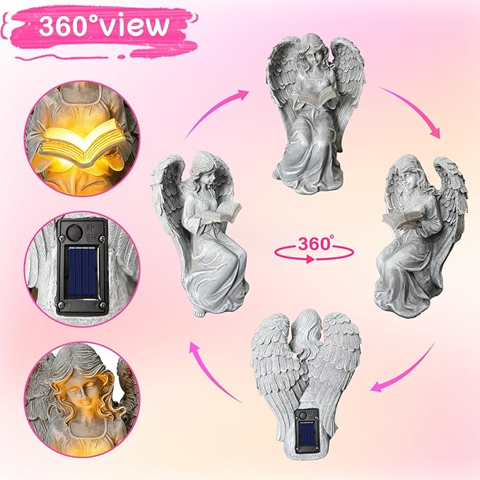 Solar Garden Outdoor Angel Book Statues,Book Lovers Gifts for Balcony Patio Lawn Table Yard Ornaments, Solar Resin Fairy Waterproof LED Lights,Mother's Day,Birthday Gifts for Women Mom Grandma