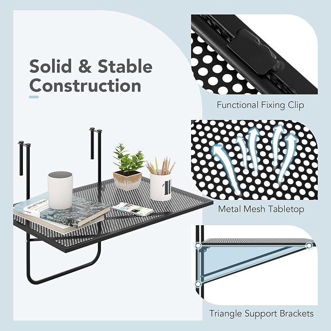 Giantex Balcony Table, Folding Outdoor Side Table for Railings Up to 2.4" Thick, Space-Saving Railing Serving Table with Metal Frame, Foldable Bar Table for Patio, Porch, Deck (24”x20”x20”)