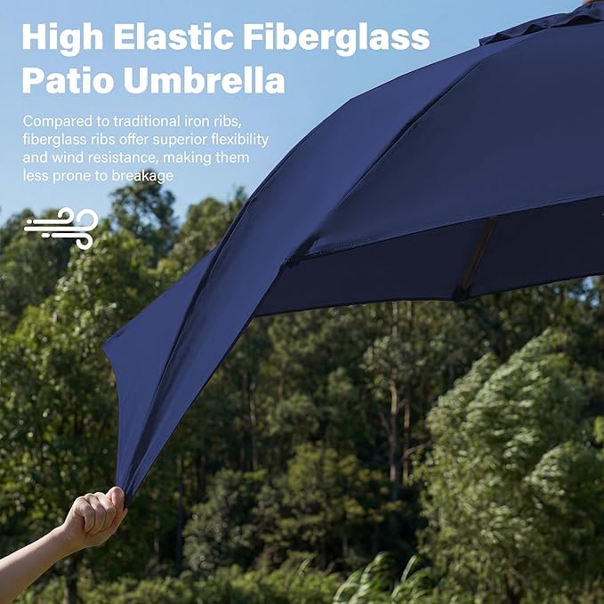 JEAREY 9FT Outdoor Patio Umbrella,Market Table Umbrella with 8 Fiberglass Ribs, Pool Umbrella with Tilt and Crank, UV Protection Lightweight & Wind-Resistant for Lawn, Garden, Deck and Backyard, Navy