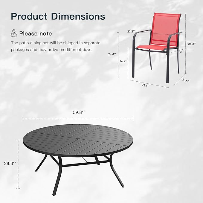 VICLLAX 11 Pieces Patio Outdoor Dining Set, 60" Large Round Metal Table with Umbrella Hole and 10 Stackable Textilene Chairs for Patio, Lawn, Garden, Porch, Black/Red