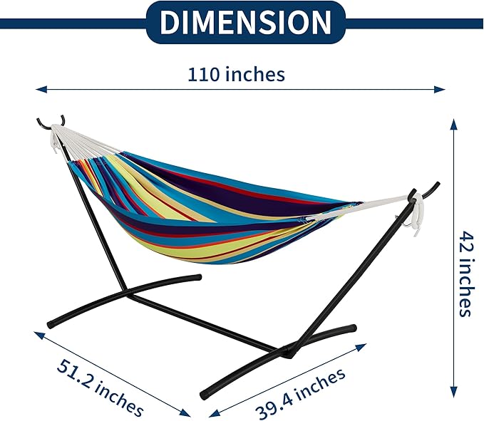Double Hammock with Stand - Heavy Duty 450lbs Capacity, Portable Cotton Hammock for 2 Adults, Indoor & Outdoor Use with Travel Bag, Quick Assembly, Tropical Stripe Pattern