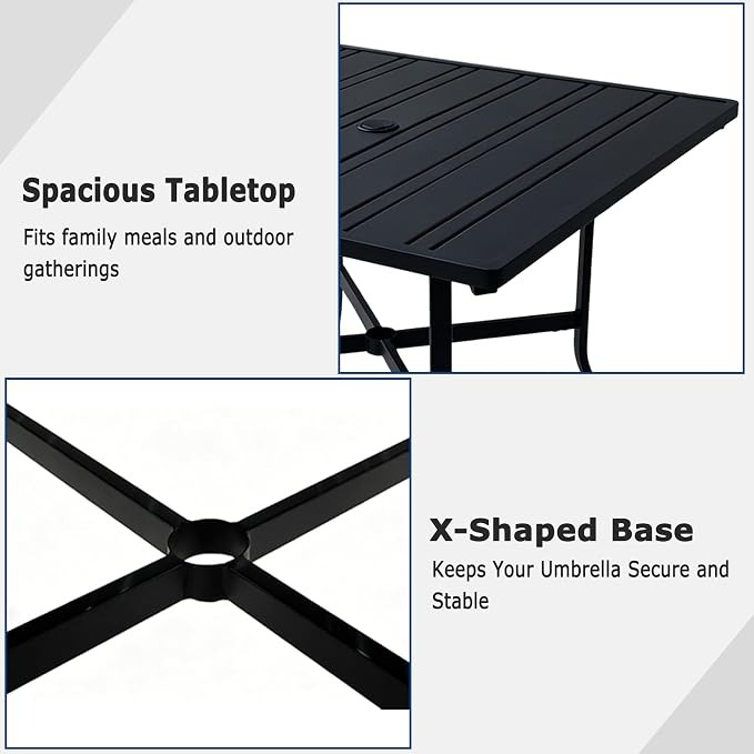 34" Square Patio Table with Umbrella Hole, Metal Outdoor Dining Table for Garden, Backyard and Deck, 4 Person Square Patio Dining Table for Outside, Black