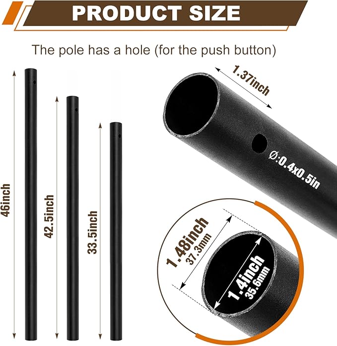 1 Pack 1.5'' Dia Umbrella Replacement Lower Pole, Heavy Steel Patio Umbrella Bottom Pole Replacement, 1.7 mm Thickness, No Bullet Buckle Outdoor
