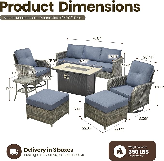 7 Piece Patio Furniture Set with Firepit Swivel Chair, Denim Blue | High Back Swivel Rocker Chairs, Deep Seat Sofa Ottoman, Fire Pit Table, Outdoor Conversation Sets for Porch Deck Backyard