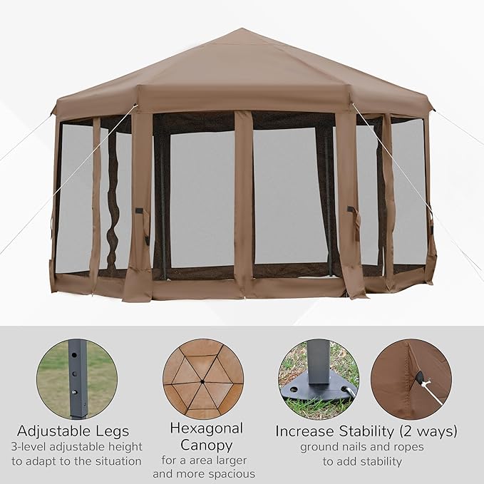 Outsunny 13' x 11' Hexagonal Pop Up Gazebo, Heavy Duty Outdoor Canopy Tent with 6 Mesh Sidewall Netting, 3-Level Adjustable Height and Strong Steel Frame, Brown