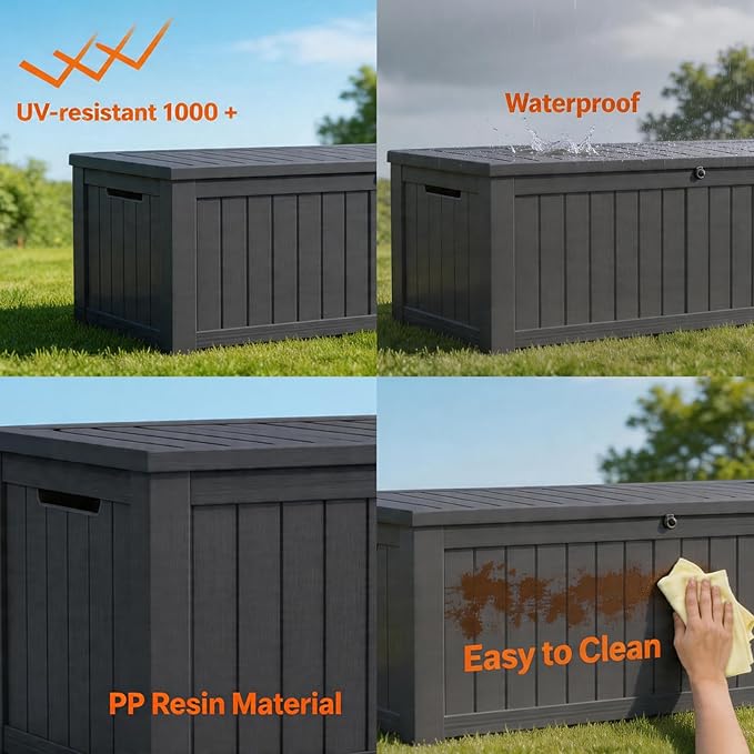 MAKINO 149 Gallon Resin Outdoor Storage Box, Waterproof Deck Box with Lockable Lid, Outside Storage Box for Patio Furniture, Pool Accessories, Garden Tools, Storage Bench for Backyard, Porch, Black