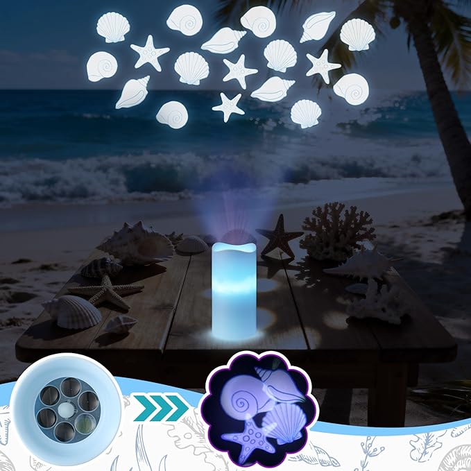 Coastal Ocean Flameless Candle Projector Light Decor Summer Seashell LED Candle Battery Operated Night Light with Remote Timer for Wedding Seaside Beach Coastal Bachelorette Birthday Room Decoration