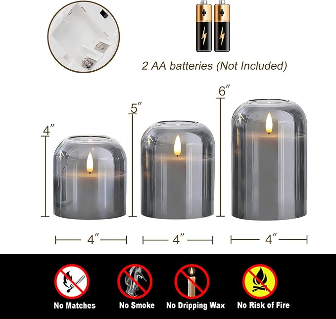 Homemory Glass Flameless Candles, Battery Operated Plliar Candles Realistic Flickering, LED Electric Light with Remote and Timer for Home, Christmas Decoration, Gray, Set of 3