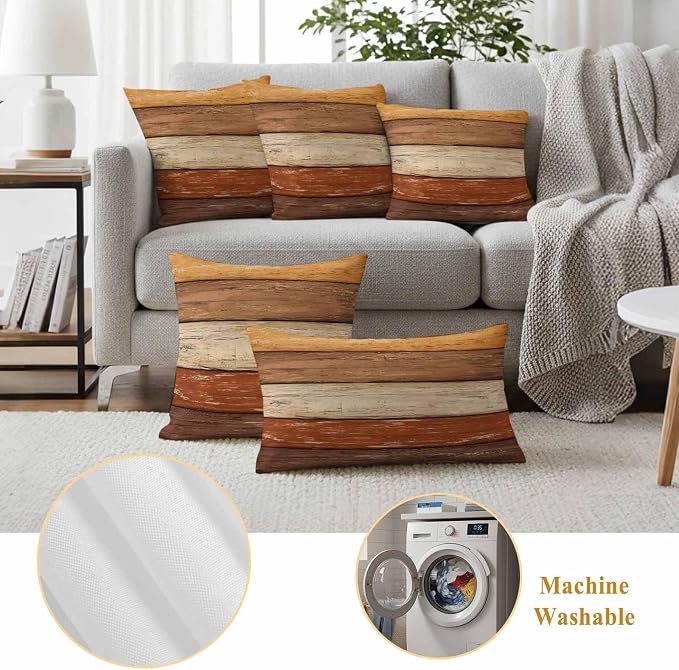Farmhouse Burnt Orange Brown Outdoor Waterproof Pillow Covers, Vintage Wooden Striped Decorative Rectangle Throw Pillowcase Sofa Cushion Sham for Patio/Couch/Chair, 20"x12" 2 Pack