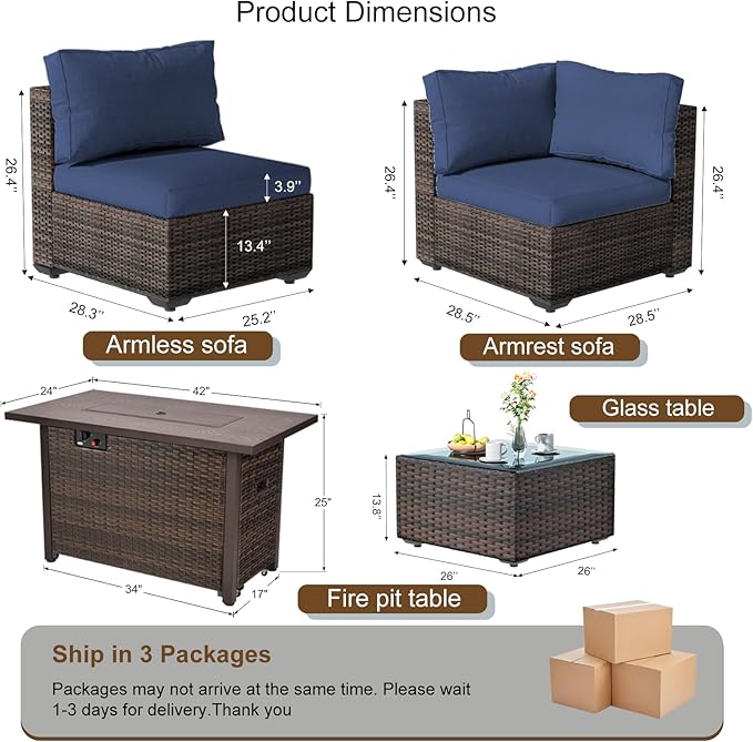 8 Pieces Patio Furniture Sets Outdoor Sectional Sofa with 44'' Propane Rattan Wicker Firepit Table, Patio Sectional Conversation Set with Cushions for Backyard, Poolside, Garden Blue