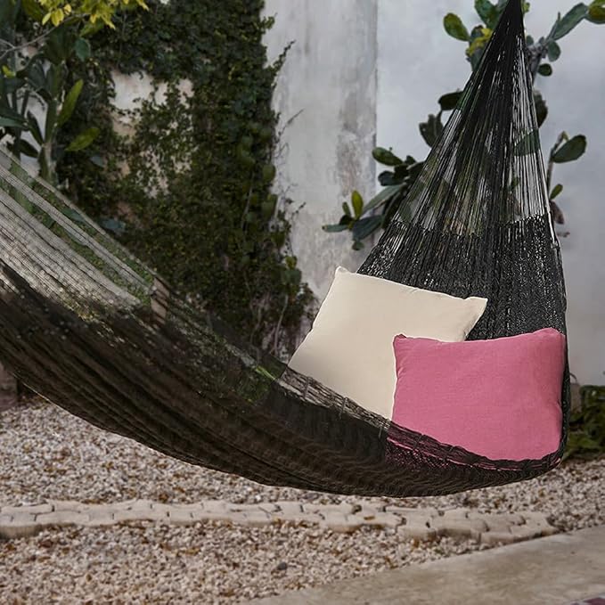 NOVICA Black Hand Woven Nylon Mayan 1 Person Rope Hammock, 'Shadows' (Single)