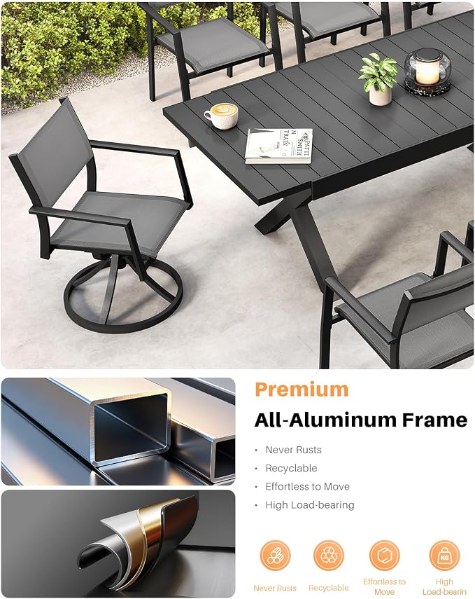 9 Pieces Expandable Outdoor Dining Table Set, Never-Rust Aluminum Patio Dining Set with 2 Swivel Chairs, Expandable Dining Table and 6 Stackable Textilene Chairs for Deck, Poolside, Black