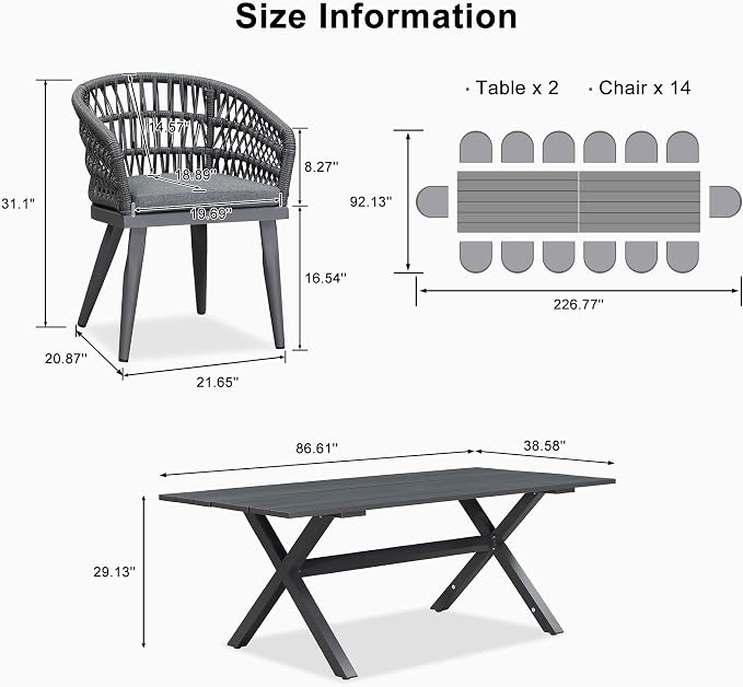 PURPLE LEAF 16 Pieces Outdoor Dining Set All-Weather PE Rattan Outdoor Patio Furniture Set with All Aluminum Frame Rectangular Table and Chairs Set for Lawn Garden Backyard Deck, Grey