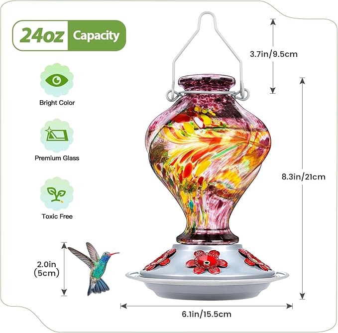 Hummingbird Feeder, BOLITE Glass Hummingbird Feeders for Outdoors Hanging, Hand Blown Twisted with Ant Moat, 5 Bee-Proof Ports, 360° Perch, Leak-Proof, 24oz, Purple, Gifts for Mom Dad Women Men