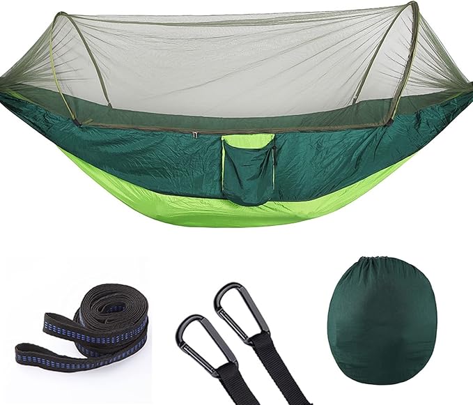 Outdoor Automatic Hammock with Mosquito Net Nylon Portable Lightweight Double Hammock for Camping with 2m Tree Straps Apple Green 9.5'x4.5'