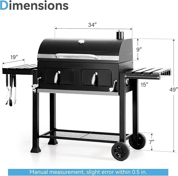 34-Inch Barrel Charcoal Grill with Side Tables, 794 Square Inches Cooking Space, Large Charcoal BBQ Grill with 2 Height-Adjustable Charcoal Pans for Outdoor Backyard Patio Picnic Parties Camping