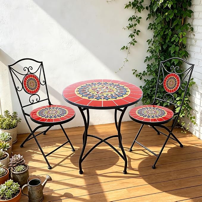 3 Piece Bistro Sets Mosaic Tile Round Table Folding Chairs Garden | Set of 3 Patio Furniture 23.6" Table and 2 Chairs Outdoor Bistro Chairs Artistic Table for Balcony Porch Apartment Backyard