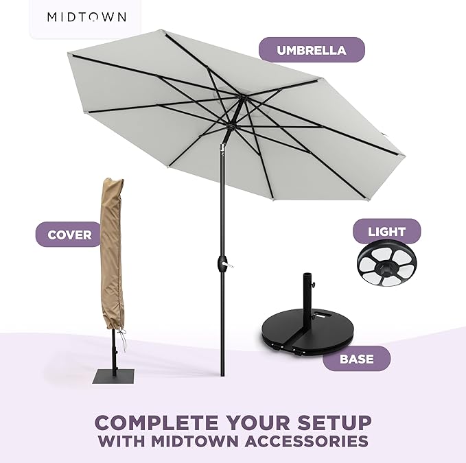 Midtown Umbrellas - 10-Year-No-Fade 9 Ft Patio Umbrella with Terylast Fabric, Auto-Tilt Aluminum Frame and 8 Reinforced Ribs for Deck, Pool, Garden & Beach - Off White Canopy, Black Pole
