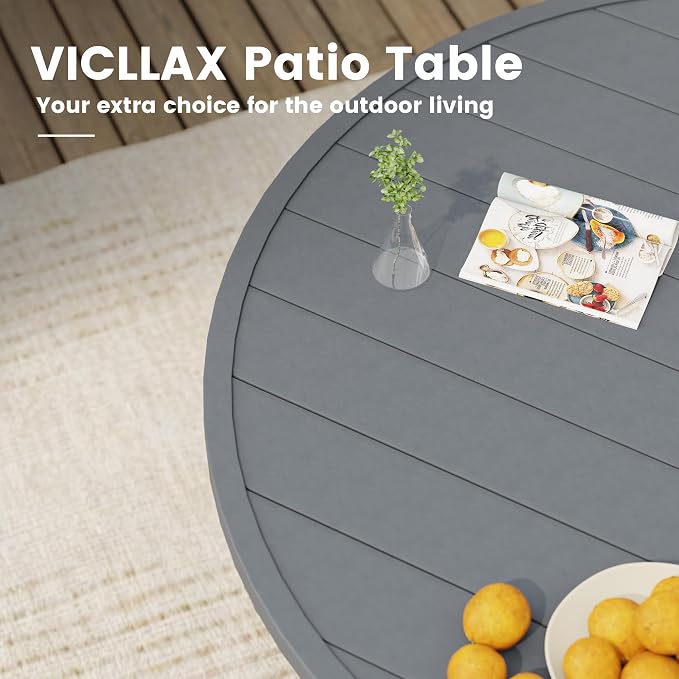 VICLLAX 63" Round Patio Table, Outdoor Dining Table for 8-10 with Umbrella Hole for Garden Lawn Deck Backyard, Dark Grey