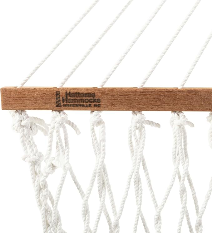 Hatteras Hammocks Deluxe White Duracord Rope Hammock with Free Extension Chains & Tree Hooks, Handcrafted in The USA, 450 LB Weight Capacity, 13 ft. x 60 in