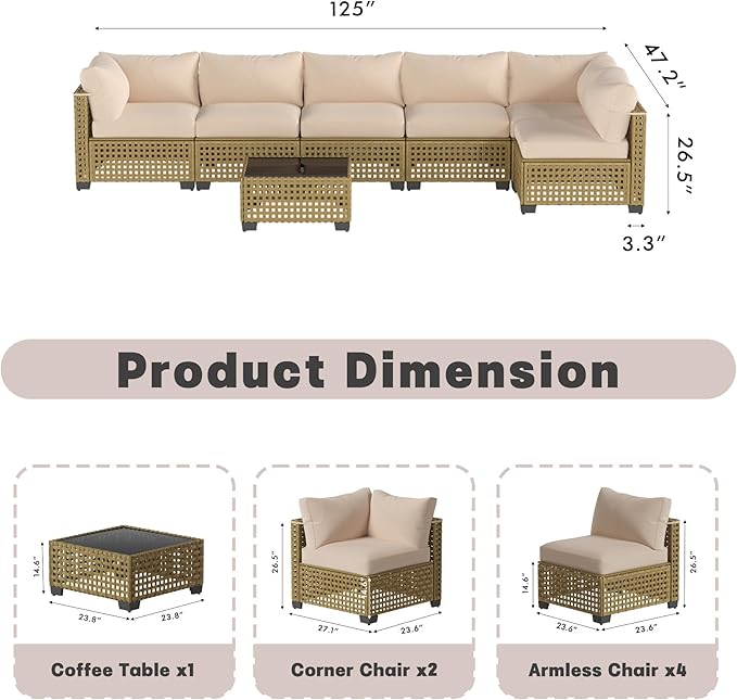 7 Pieces Patio Furniture Sets, Outdoor Furniture Patio Conversation Set, All Weather PE Rattan Sectional Sofa with Cushions and Black Glass Table (Yellow-White,7 Pieces-S)
