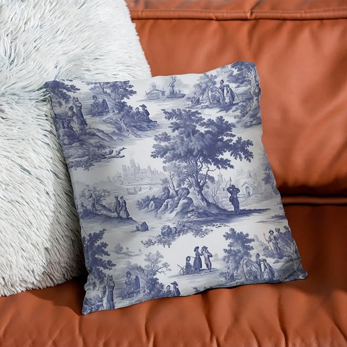Pillowcase Navy White Blue Decorative Toile Print Cushion Cases Rustic French Charmed Life Toile Pillow Cover Accent Modern Decorative Pillow Covers for Patio Deck Chair 26x26 in