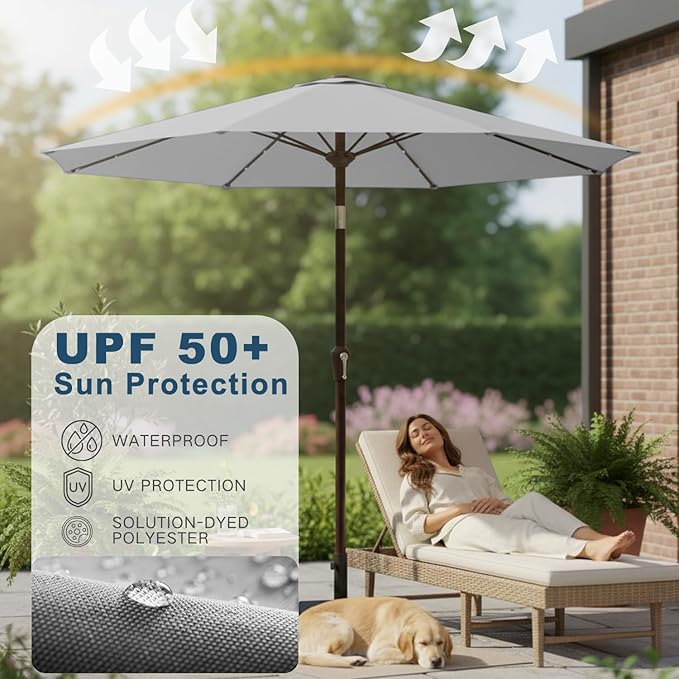 9' Solar LED Patio Umbrella with Tilt & Crank|8 Sturdy Ribs,UV Protection,Outdoor Market Table Umbrella for Deck,Lawn,Pool,Backyard(Light Gray)