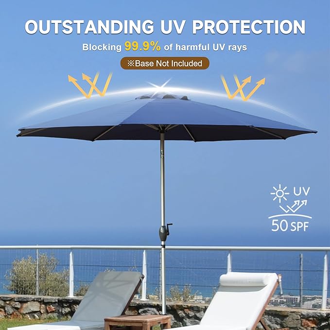 Domi 10FT Patio Umbrella Outdoor Market Umbrella with Silver Aluminum Pole, UV Resistant Canopy, Wind Vent, Tilt & Crank System, Perfect for Patio, Garden, Deck, Pool, Outdoor Dining, Navy Blue