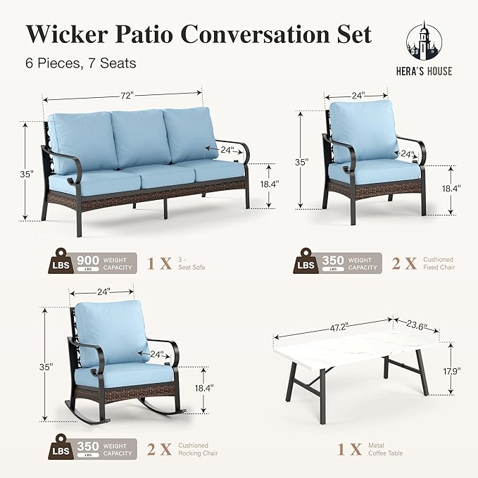 HERA'S HOUSE 6 Piece Metal Patio Furniture Set, All Weather Outdoor Conversation Set with 3-Seat Sofa, 2 Rocking Chairs, 2 Fixed Chairs & Coffee Table, 7 Seats for Backyard, Garden, Deck, Blue