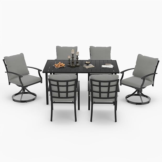 HAPPATIO 7-Piece Patio Dining Set, Outdoor Dining Set with Powder-Coated Metal,Dining Table with Umbrella Hole, 4 Stackable Chairs 2 Swivel Chairs with Removable Cushions for Porch Pool Garden,Grey