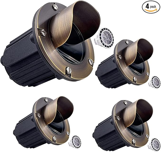 LED Low Voltage Landscape Lighting Well Lights 174 - Solid Brass In Ground Lights for Outside, Long Lasting Garden 12 Volt Landscape Lighting with MR16 7W LED Bulb, Ground Spake & Connectors (4 Pack)