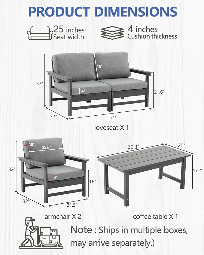 HDPE Outdoor Patio Furniture Set, 5-Piece Sofa Set with 2-Seat Couch, 2 Armchairs & Coffee Table, Weatherproof Conversation Set with Cushions, All-Weather Waterproof, for Garden, Porch & Backyard