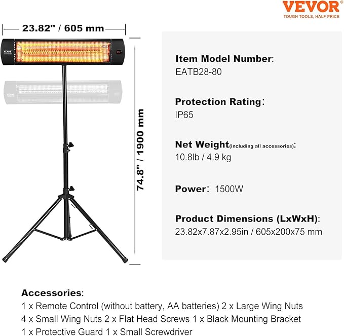 VEVOR Infrared Heater, 1500W Remote Control Electric Space Heater, LED Screen Patio Heater w/ 3 Speeds & Timer, Outdoor/Outdoor for Porch,Dining Room,Studio, with Stand & Mount to Ceiling/Wall,24 in L