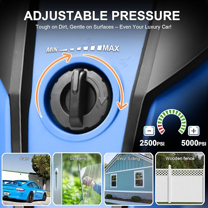 5000 PSI Adjustable Electric Pressure Washer, 2026 New Power Washer Pressure Adjustable (2500PSI-5000PSI) with 33ft Pressure Hose, 4 Nozzle and Detergent Tank for Cars, Upgraded Light Blue
