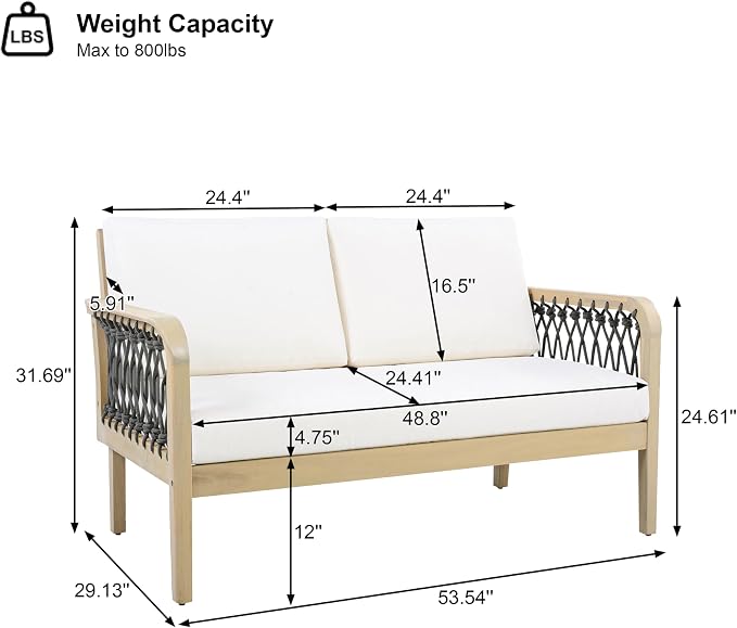 VilroCaz 4-Piece Acacia Wood Outdoor Patio Furniture Set with Loveseat, 2 Club Chair& Coffee Table, All-Weather Conversation Sofa Set with Rope Woven Armrests, Removable Cushions (Light Teak-N5)