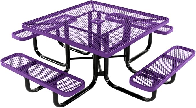 COATEDOUTDOORFURNITURE Heavy-Duty Portable Outdoor Kids Table with Umbrella Hole, Expanded Metal Kids Picnic Table, Commercial-Grade, Made in America (46 in, Square, Childrens, Purple)