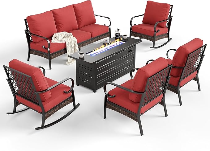 6 Piece Metal Outdoor Patio Furniture Sets with Firepit Table, Patio Conversation Sets 1 3-Seater Sofa, 2 Leg Sofa and 2 Rocking Chair with 5.75" Cushion for Backyard Deck, Rust Red