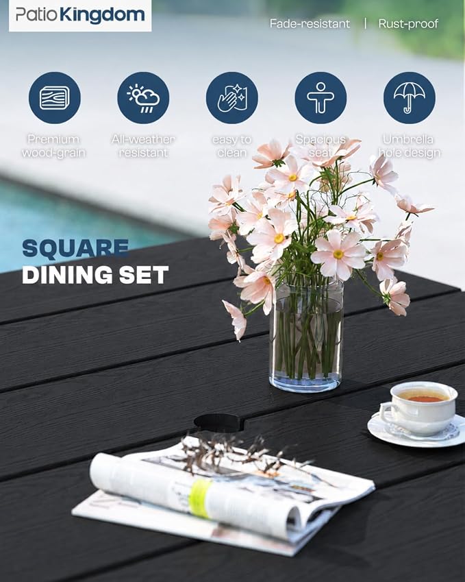 HDPE Outdoor Dining Set for 4, Square Table and Chairs, Black | All-Weather HDPE, Wood Grain Finish, 42.5" Square Table, Built-In Umbrella Hole, Seats 4, Patio & Poolside Ready