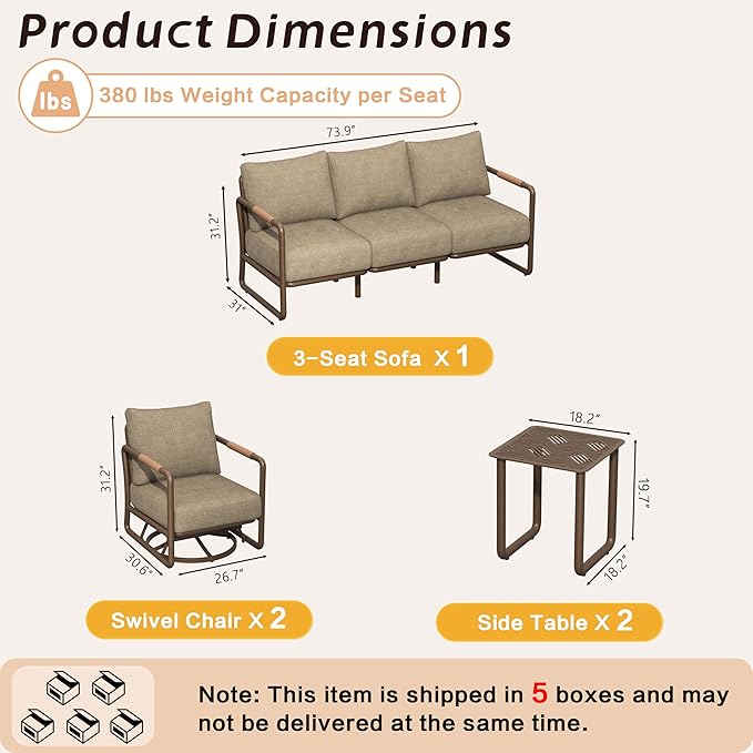 MBY Outdoor Aluminum Patio Furniture Set, 5-Seats Patio Conversation Sofa Set with 2 Swivel Rocking Chairs and 2 Coffee Tables, All Weather for Pool, Balcony, Garden-Brown