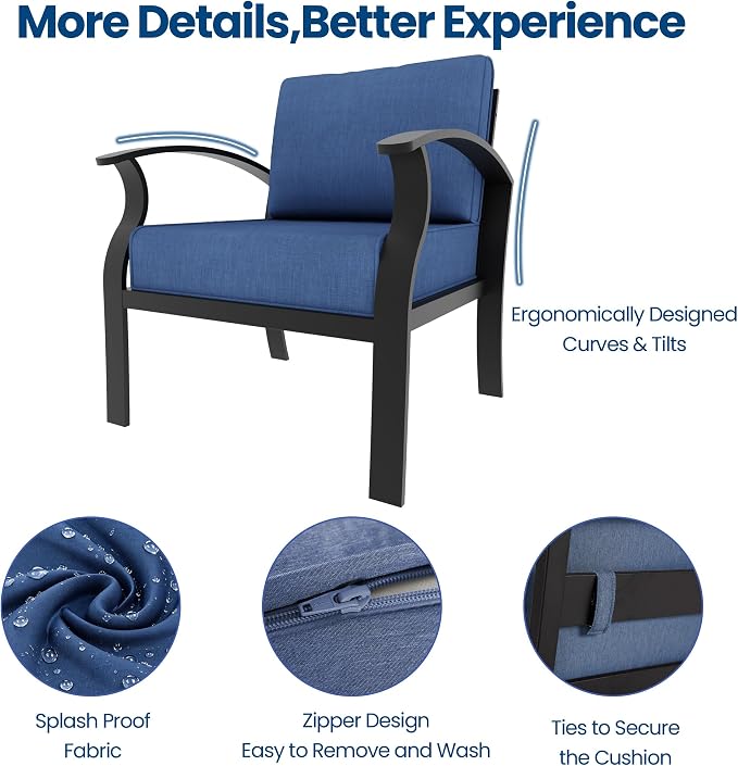 Aluminum Outdoor Patio Furniture Set,4 Pieces 5 Seats Patio Conversation Sets with 45" Propane Fire Pit Table,Metal Patio Sectional Furniture Set with Thick Cushion,Navy Blue