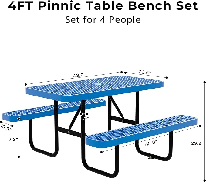 4FT Rectangular Steel Outdoor Picnic Table, Commercial Picnic Table Bench Set with Umbrella Hole, Weather-Resistant Heavy Duty School Dining Table for Stores, Park, Patio, Garden, Backyard, Blue