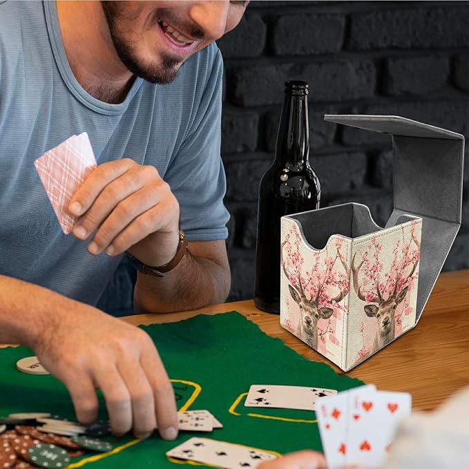 Peach Blossom Deer Card Deck Box for MTG, Personalized Card Storage Case Fits 120+ Sleeved Cards, Premium Leather TCG Box with Strong Magnetic Closure for Magic, CCG, PTCG, Baseball Cards