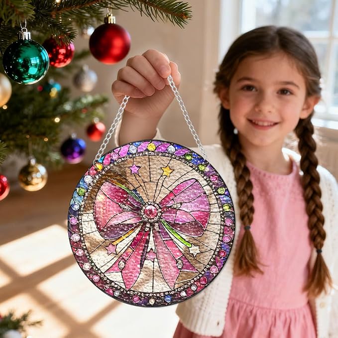 Acrylic Suncatcher Window Hanging, Pink Bow Sun Catcher Rainbow Indoor Window Decoration for Living Room Bedroom, Unique Gift for Mom Wife & Friends, 7.87 inches
