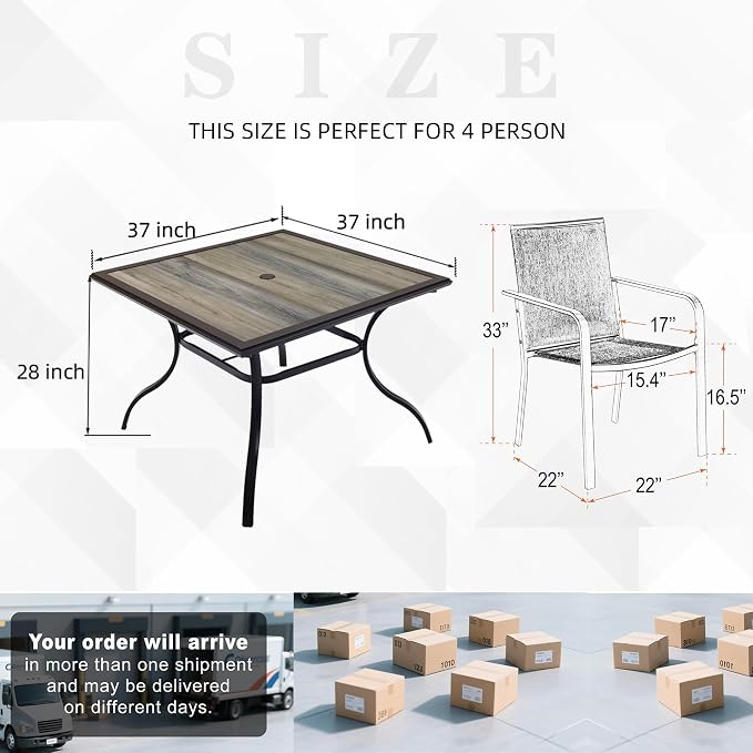 5 Piece Outdoor Patio Dining Set with 37" PVC Square Table,Cherry Red Chair | Stackable Chairs, Square Table, Table and Chair with Metal Frame, Pvc Table Top, All Weather, Textilene fabric Seat and Back