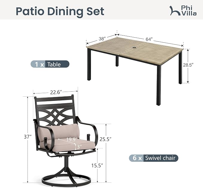 PHI VILLA 7 Piece Patio Dining Set, Rectangular Steel Table | Metal chairs, Beige Cushion, Cushions, E-coated