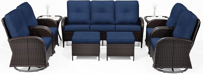 Joyside Wicker Patio Furniture Set, 9 Piece Outdoor Furniture Set with Thickened Cushions, High Back, Deep Seating, Wide Armrest, Outdoor Swivel Rocker Chairs for Porch, Deck
