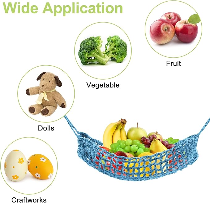 Macrame Fruit Hammock 1 Pack Cotton Fruit Holder Net Under Cabinet Veggie Storage Space Saving Kitchen Decor with Hooks (Azure Blue)
